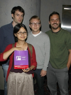 Bill Hader, Charlyne Yi, director Nicholas Jasenovec and Jake M. Johnson strike a pose at the New York screening of ‘Paper Heart’ on August 5, 2009 